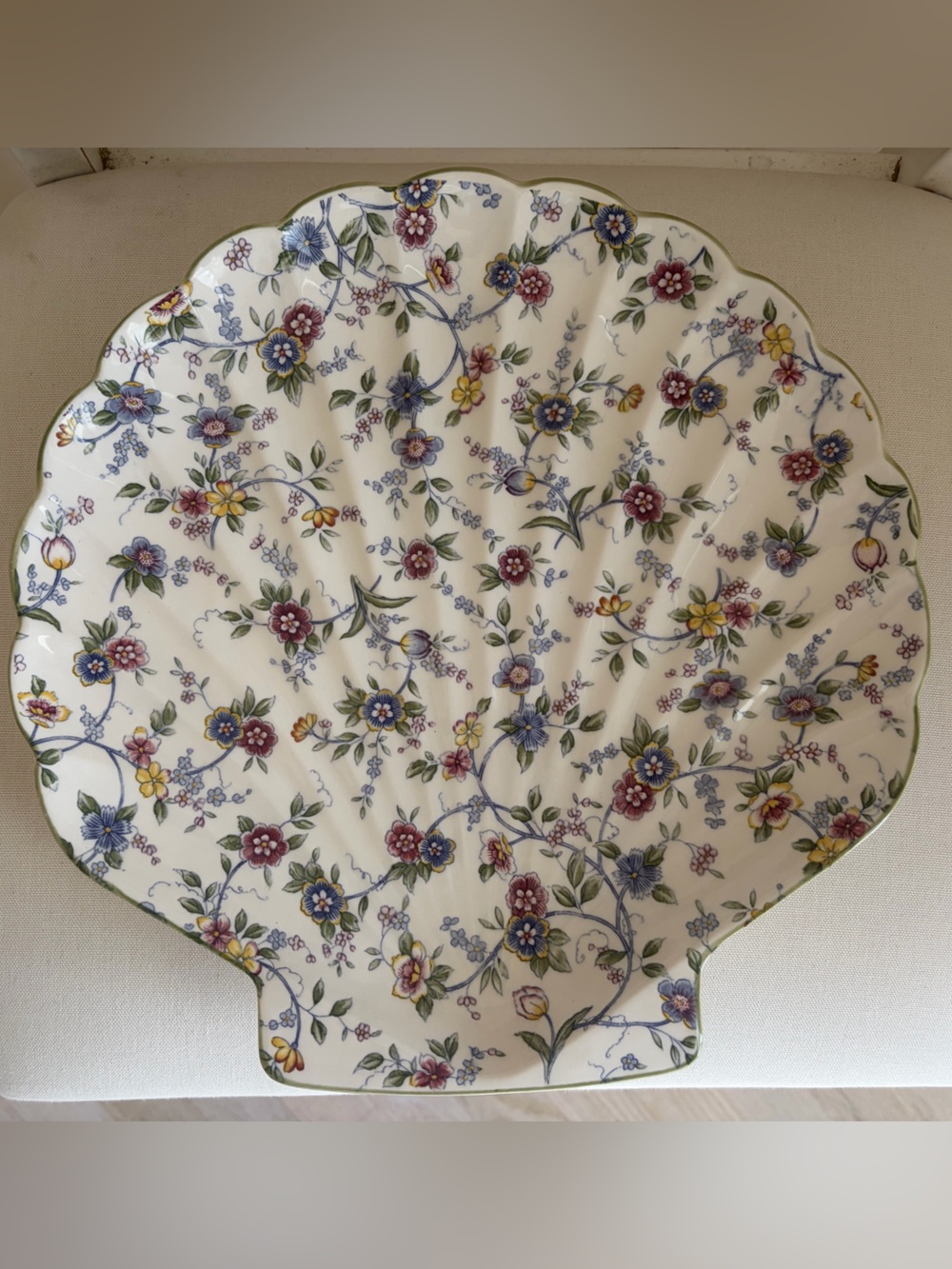 Floral Scalloped Ceramic Serving Platter in White with Multicolor Blooms